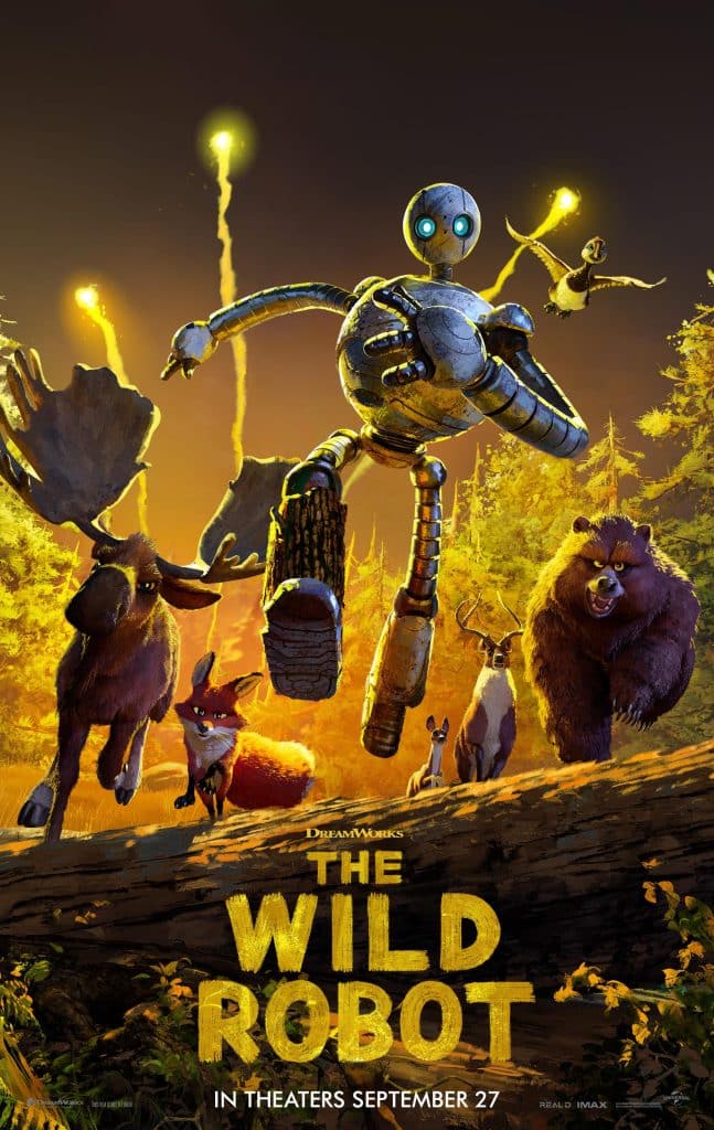 پوستر انیمیشن روبات وحشی The Wild Robot؛ ربات راز در کنار طبیعت و حیوانات جزیره، با مضمون مسئولیت‌پذیری و همزیستی با محیط‌زیست.